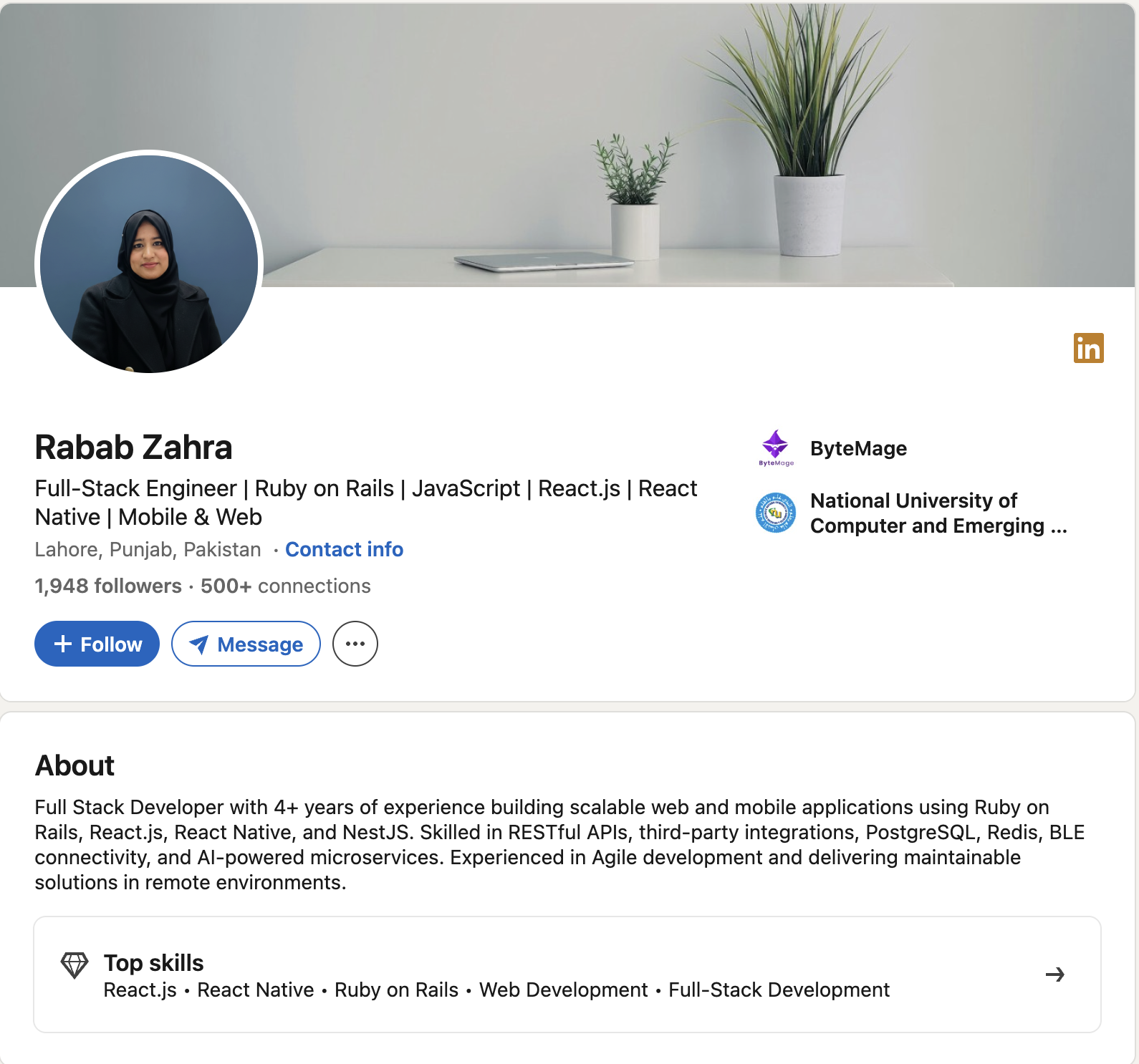 Rabab Zahra's LinkedIn profile previewed on a laptop screen